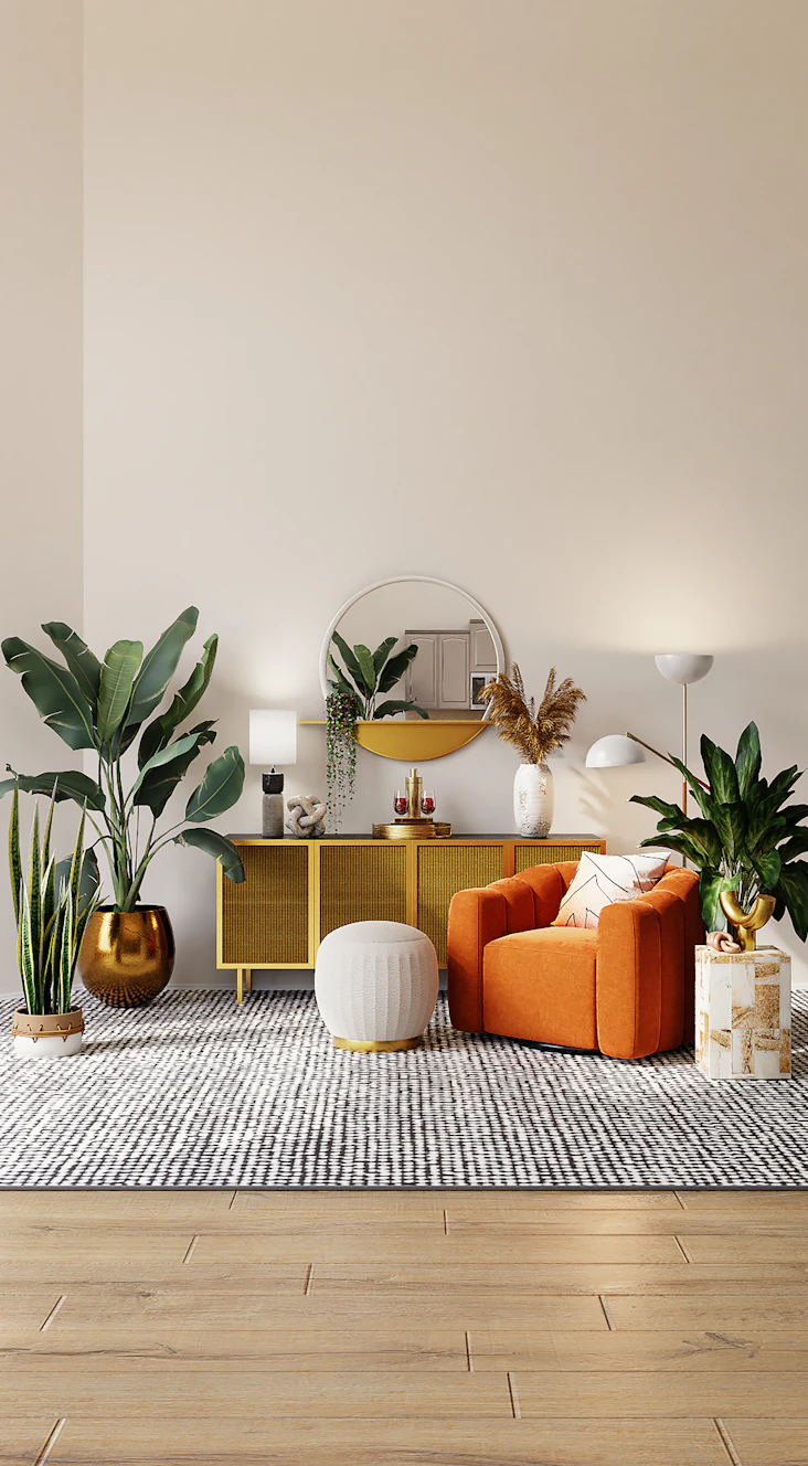Sitting area with an orange armchair, rattan sideboard and round mirror – The Design Organization