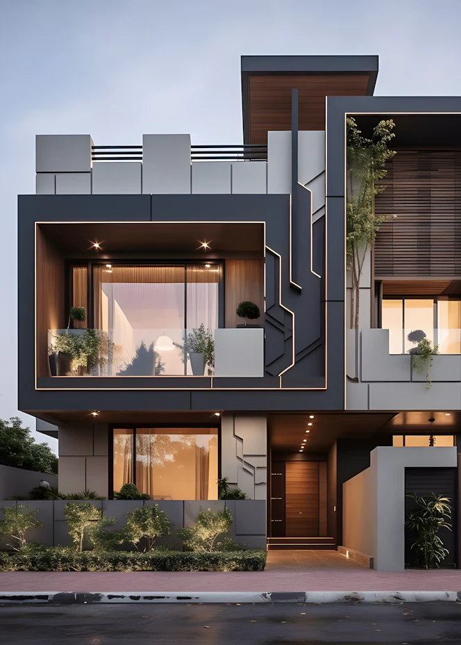 Two-storey modern house with large windows and balconies – The Design Organization
