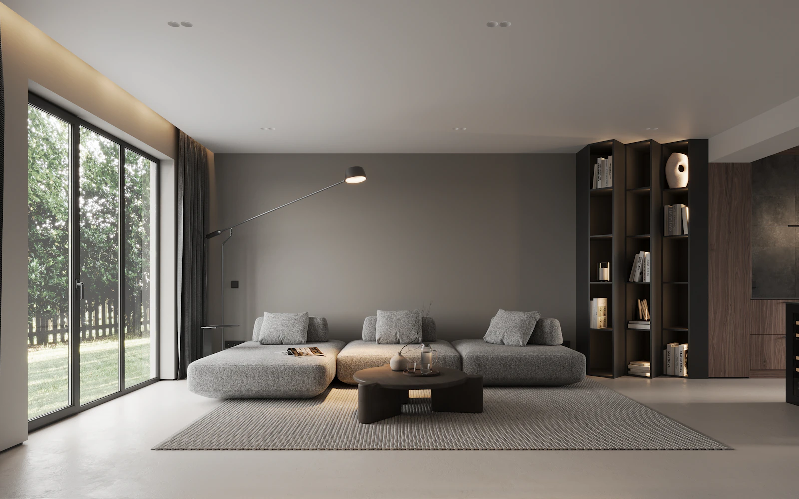 Modern living room with floor-to-ceiling windows – The Design Organization